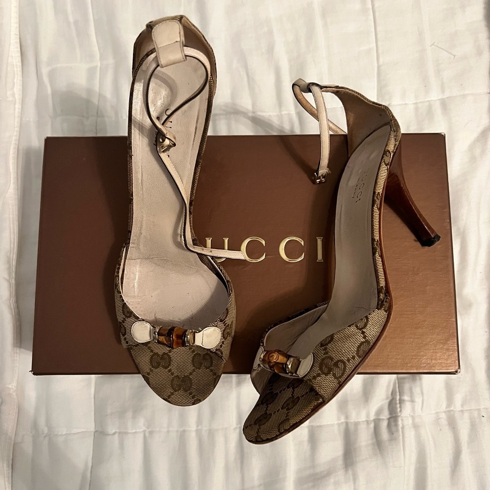 Gucci Brown Monogram Canvas Bamboo Accent High Heel Sandals